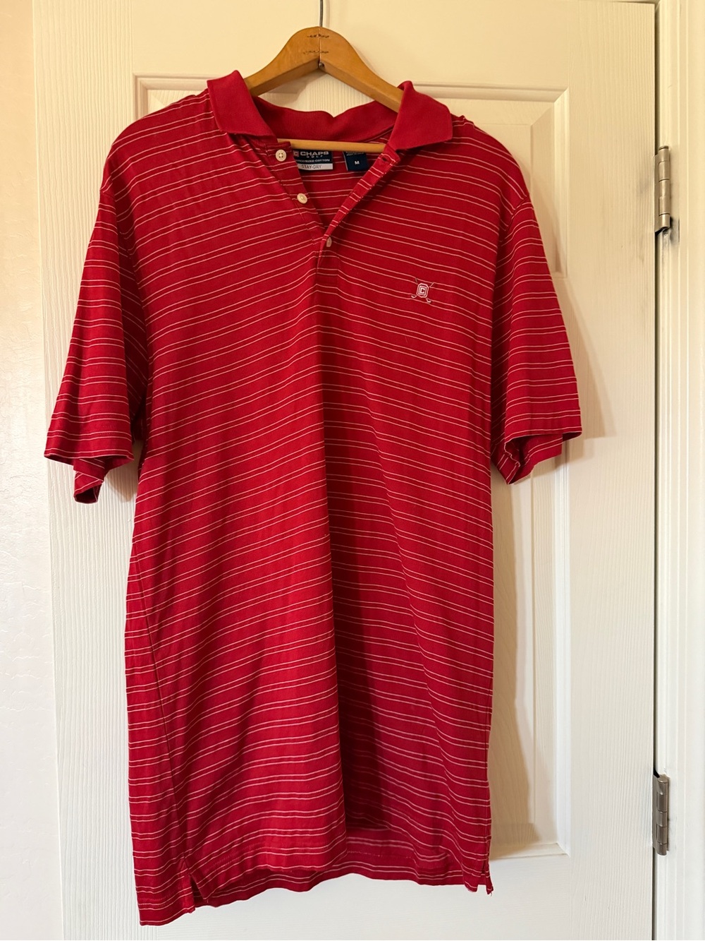 Chaps Men’s Red Polo with Thin White Stripes